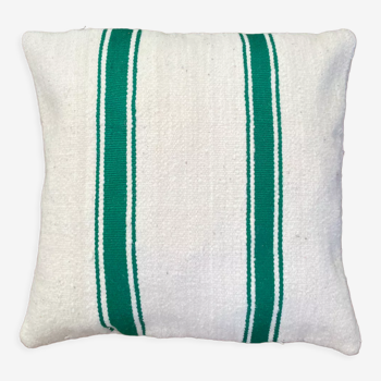 Housse de coussin rayé vert sapin et blanc en laine kilim 50 x 50 cm neuf