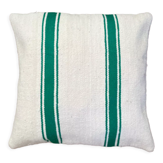 Housse de coussin rayé vert sapin et blanc en laine kilim 50 x 50 cm neuf