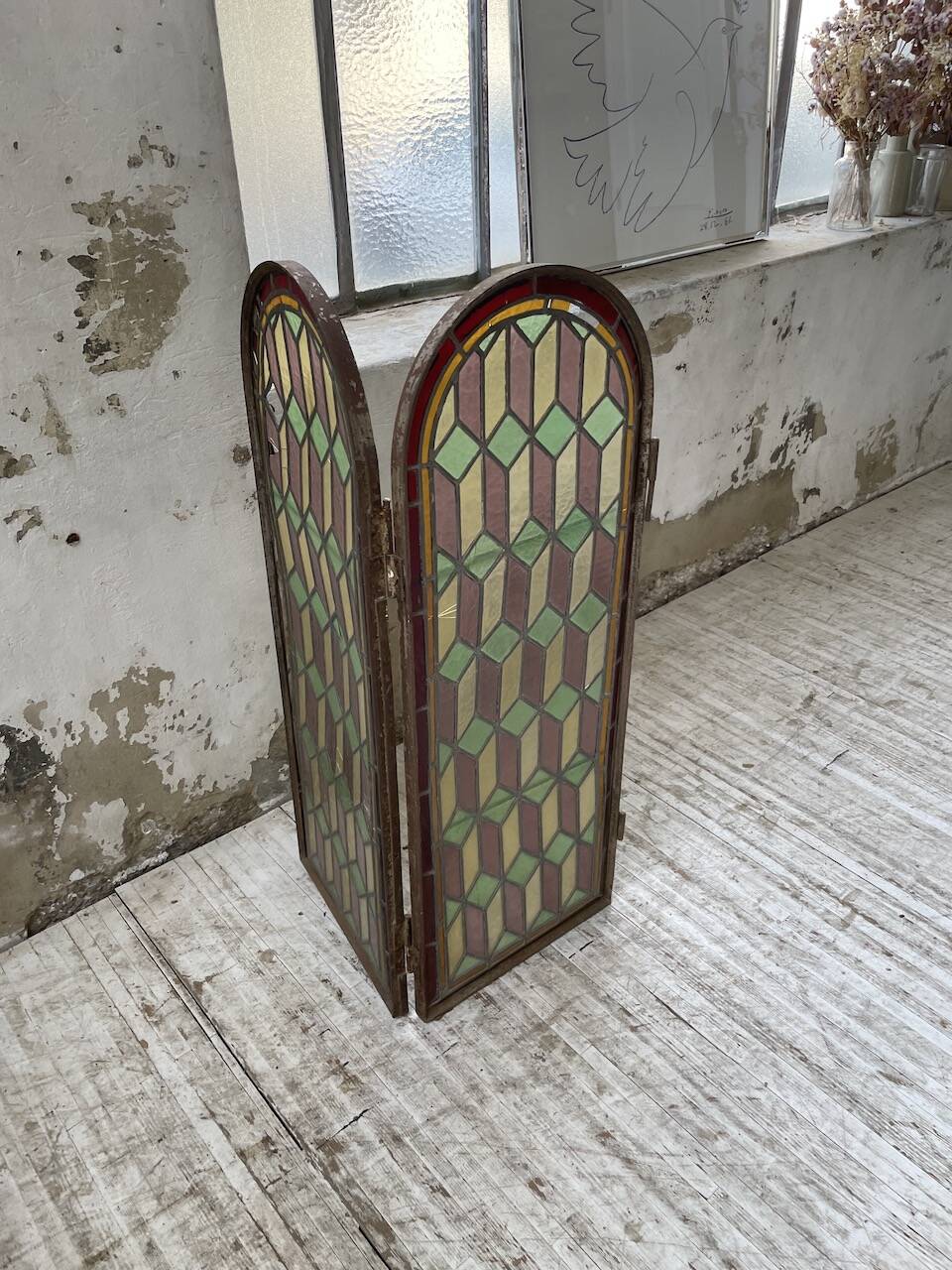 Old stained glass window in metal and glass 1900