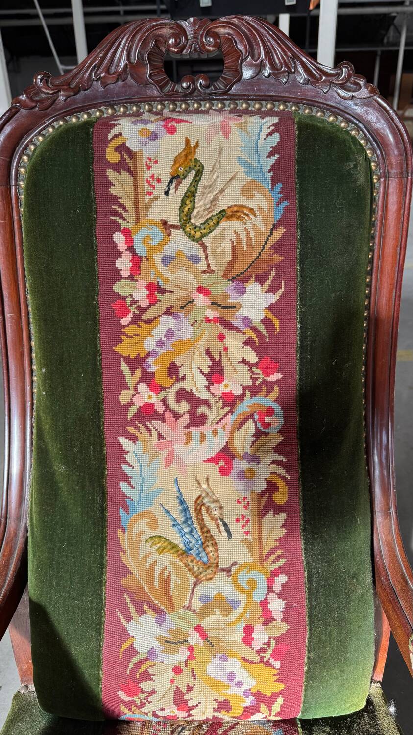 Antique mahogany wood upholstery armchair