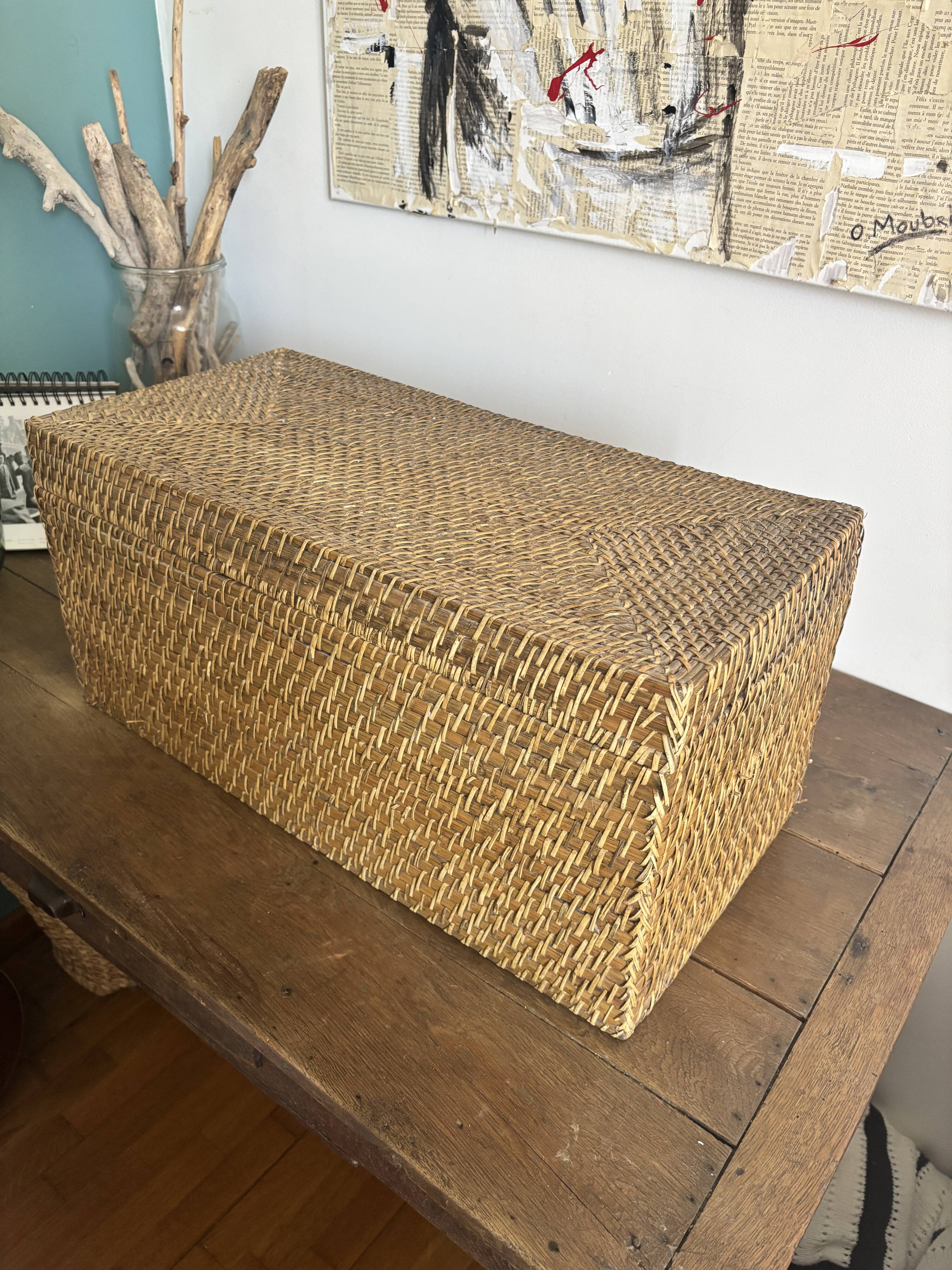Coffre de rangement / Malle en rotin tressé vintage