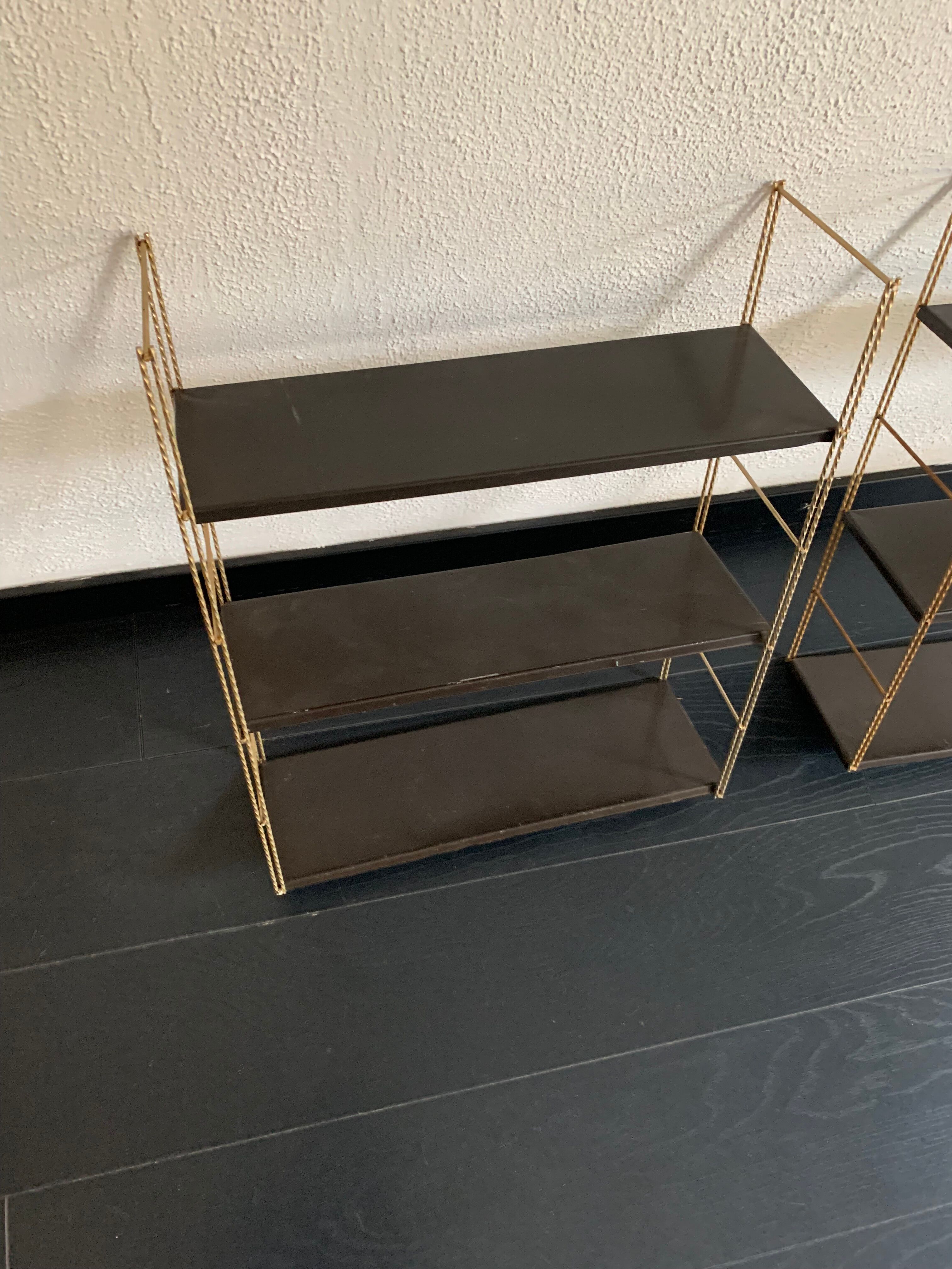 Pair shelves vintage 1960 string chocolate gold - 144 x 58 cm