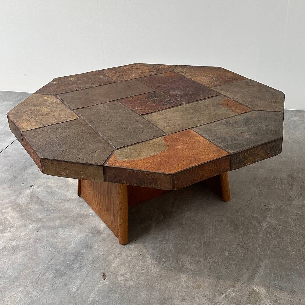 Large vintage slate mosaic coffee table, oak pedestal base, brutalist octagonal