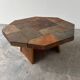 Large vintage slate mosaic coffee table, oak pedestal base, brutalist octagonal