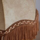 Table lamp in turned wood and umbrella-style leather lampshade