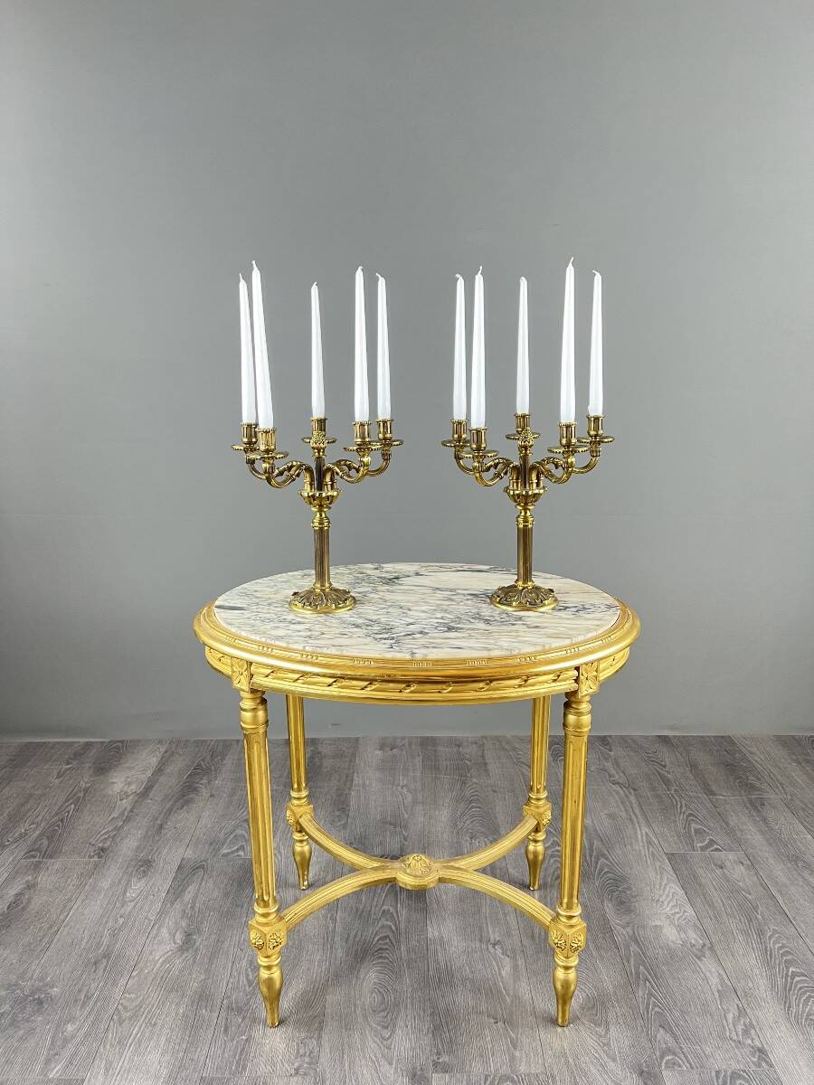 Pair of gilded bronze candelabra with 5 lights, Louis XVI style, 20th century.