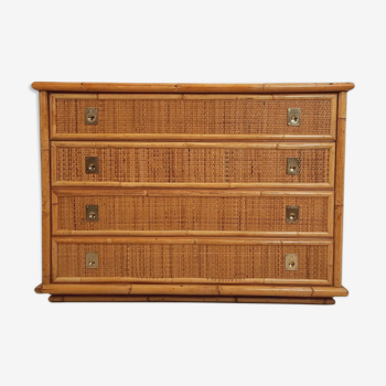 Chest of drawers, dresser, 1960s, Dal vera, bamboo and wicker, brass handles