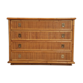 Chest of drawers, dresser, 1960s, Dal vera, bamboo and wicker, brass handles
