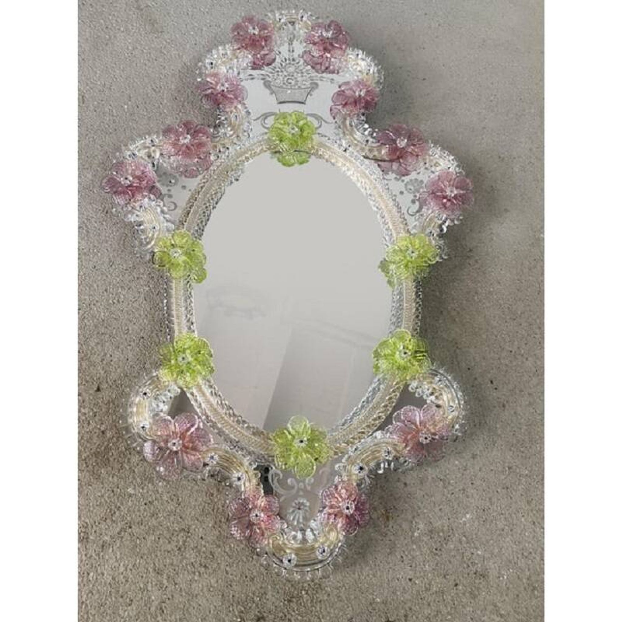 2000s Venetian Oval Green and Pink Floreal Hand-Carving Mirror in Murano Glass Style