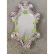 2000s Venetian Oval Green and Pink Floreal Hand-Carving Mirror in Murano Glass Style