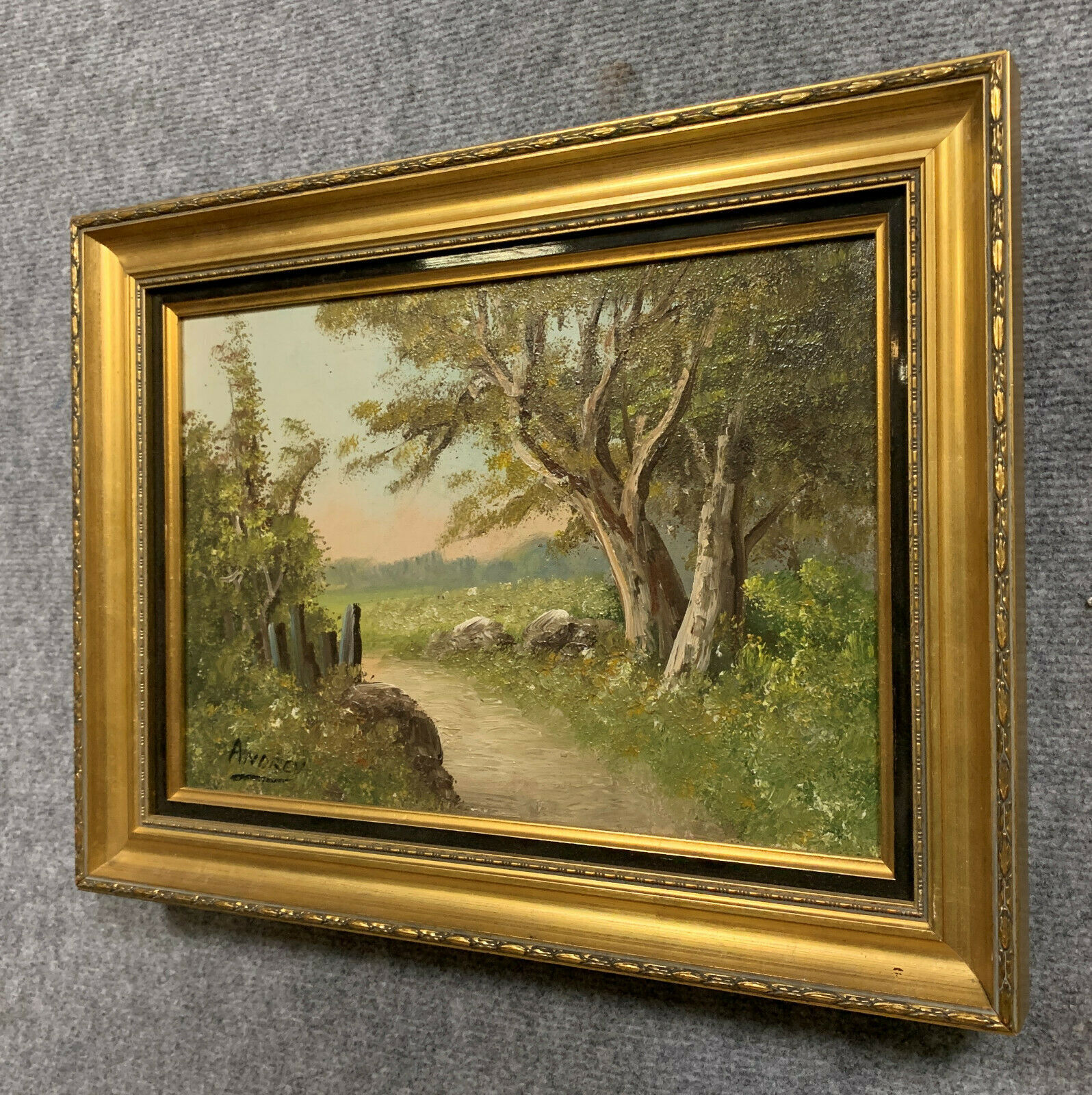 Barbizon School: oil on canvas by Louis ANDREY / the path to the edge of the wood