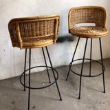 Set of 2 stools swivel rattan 60s