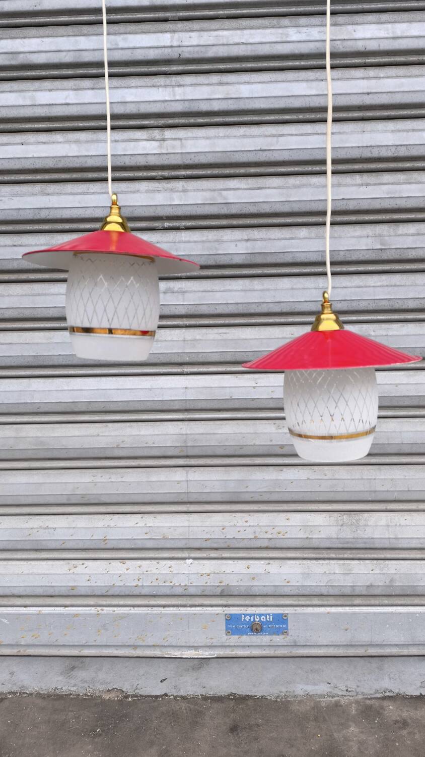 Pair of enamelled sheet metal and glass pendant lights