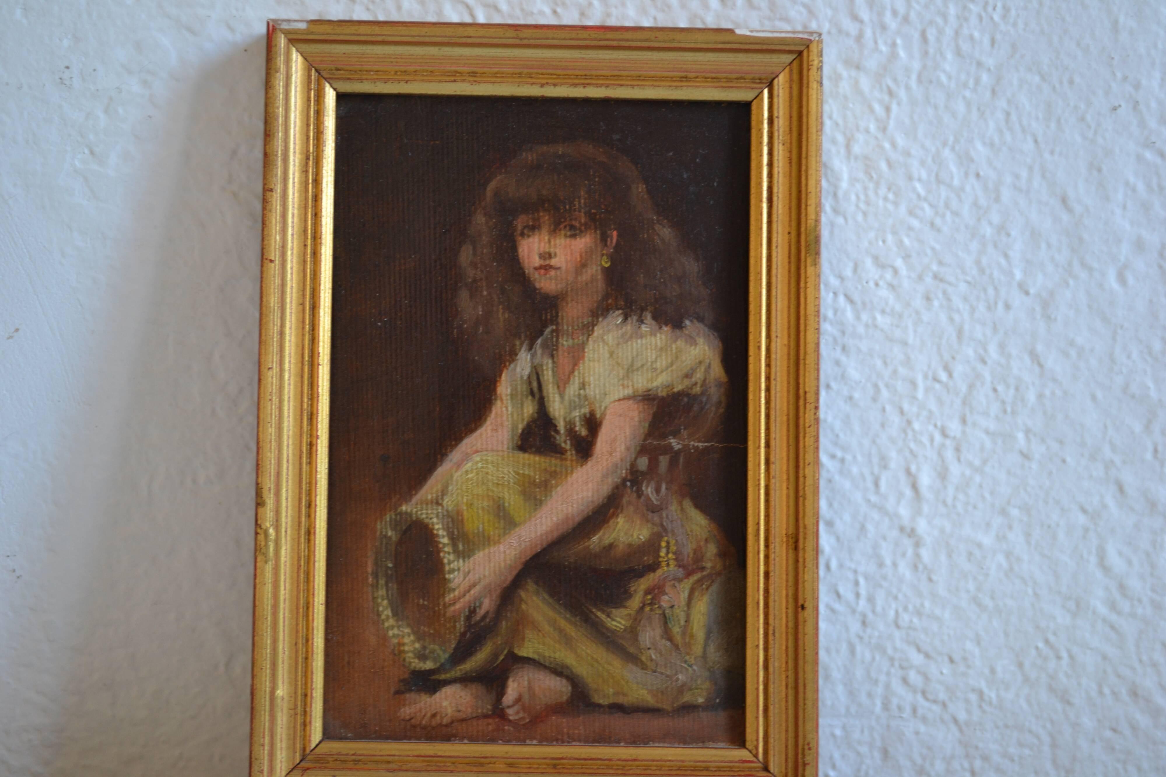 Young girl with tambourine Provence old painting HSP