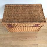 Vintage wicker trunk with burgundy metal closures