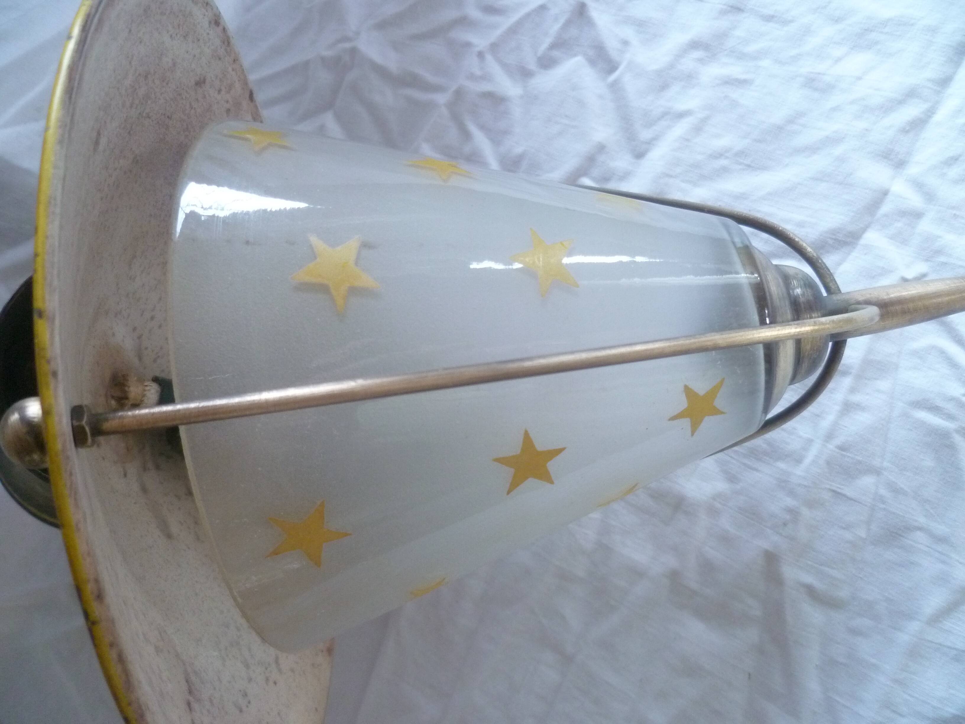 VINTAGE PAINTED SHEET METAL CHANDELIER BRASS & GLASS 50/60's YELLOW