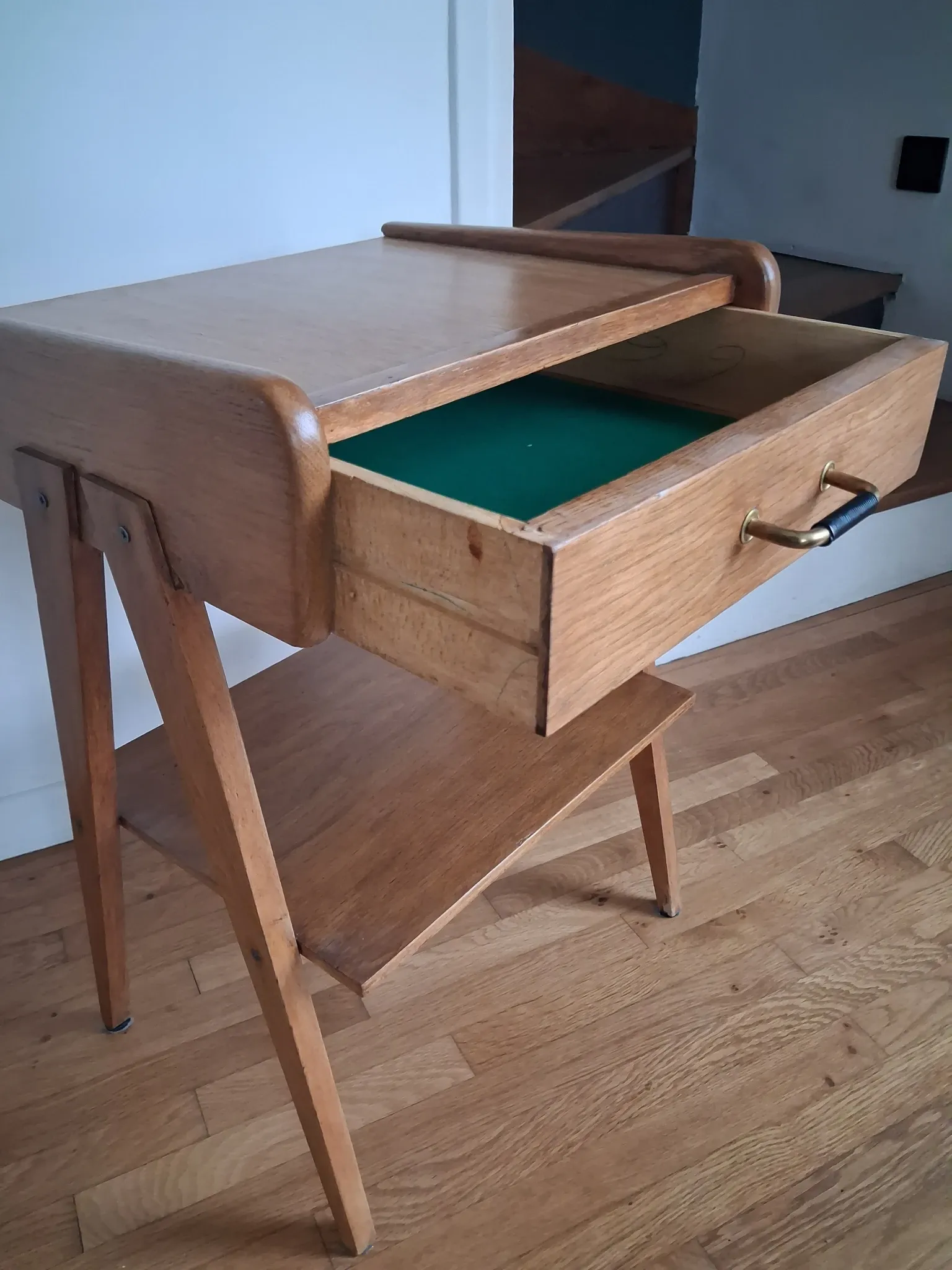 60s compass leg bedside table in light chain.