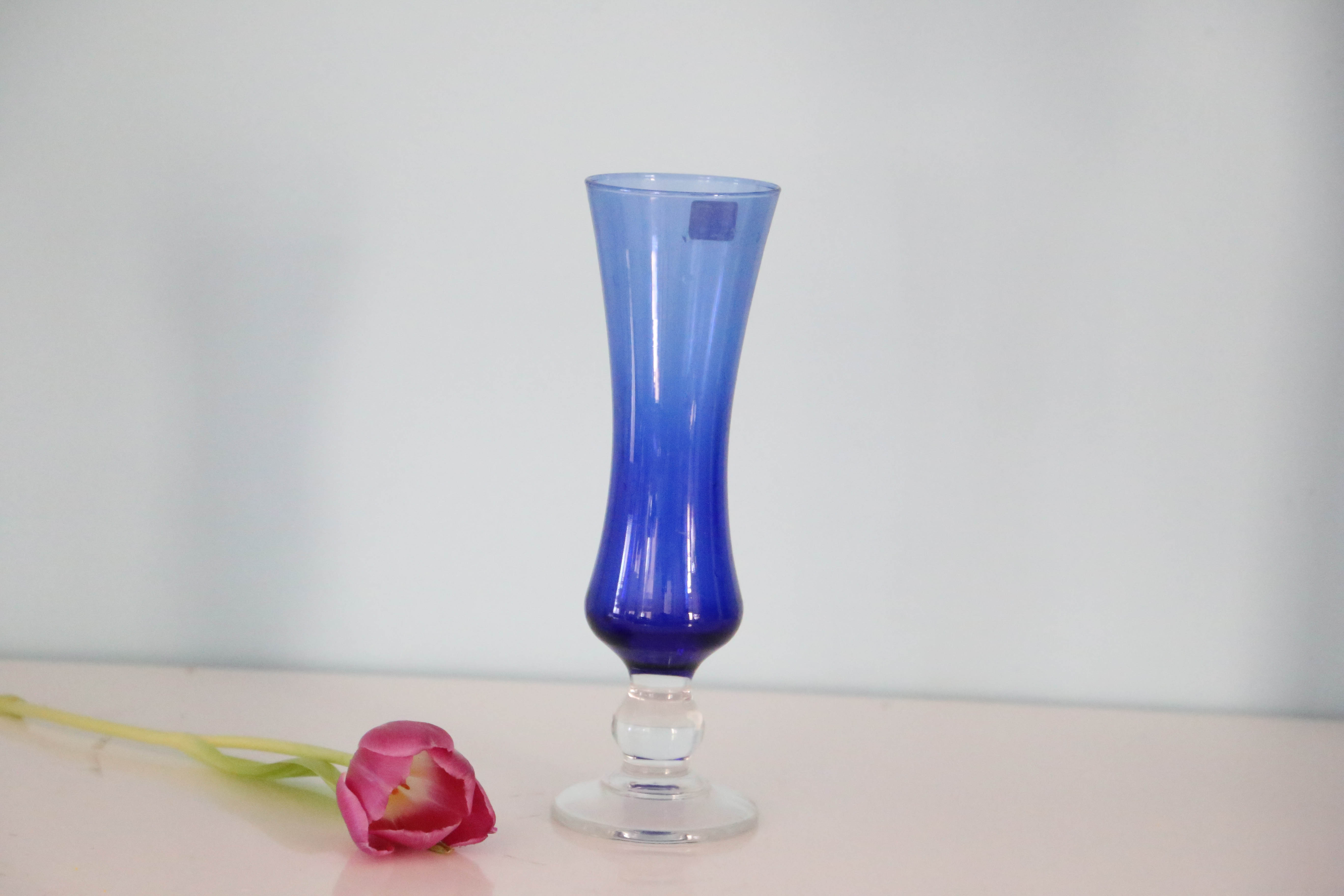 Blue vase, transparent foot, Duralex, vintage