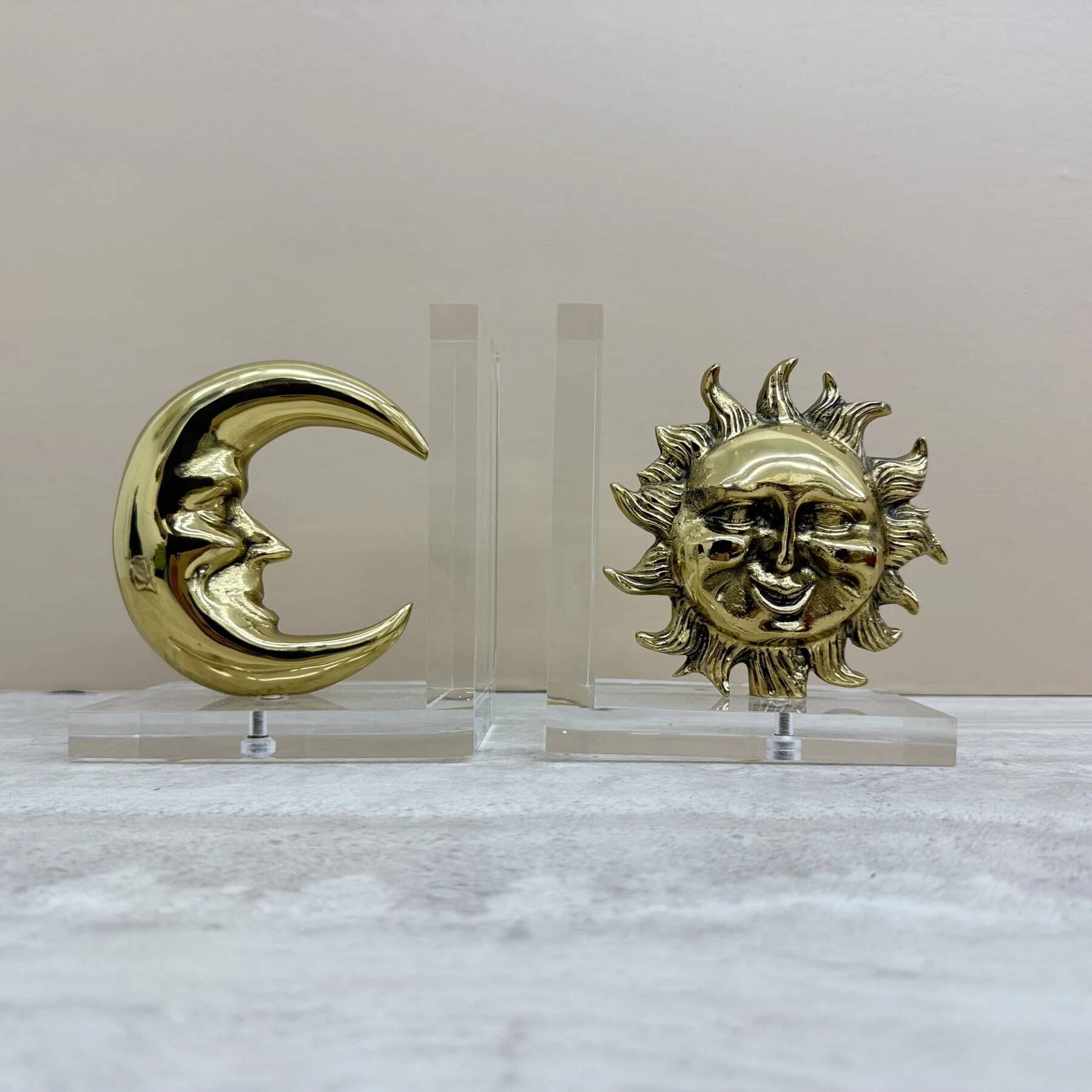 Vintage bookends sun and moon lucite and brass, 1970s