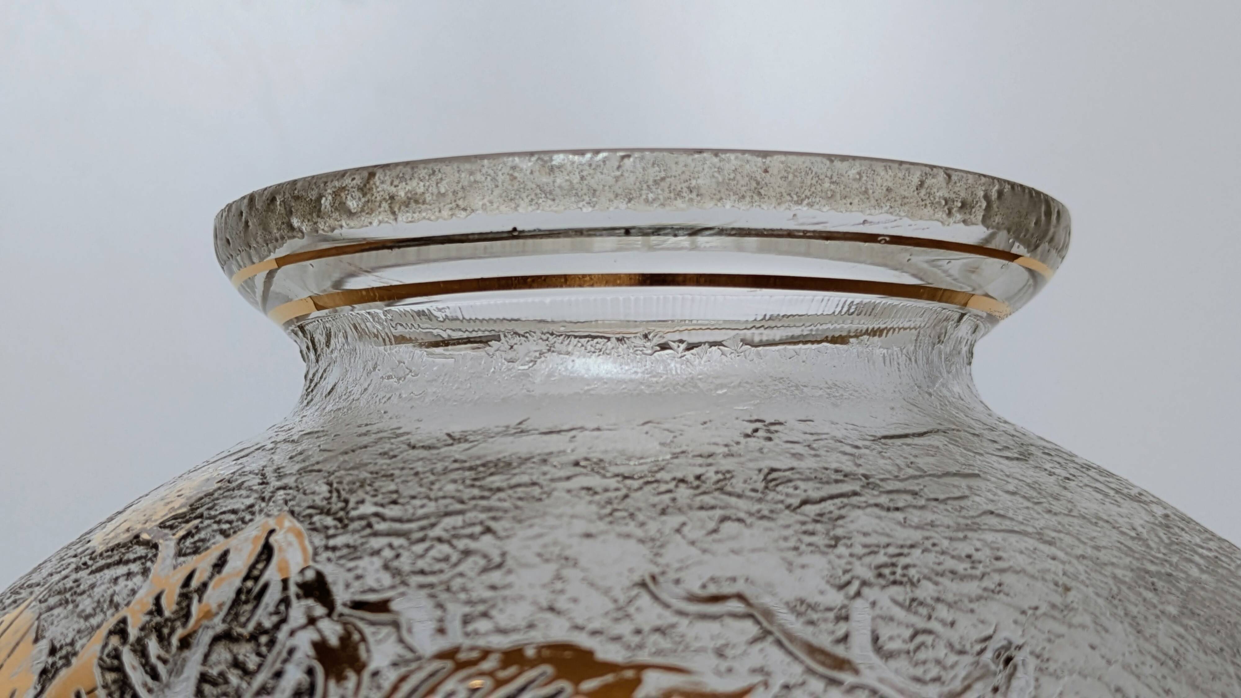 Frosted Glass Ball Vase with Golden Botanical Decoration — Signed Adat — Circa 1950