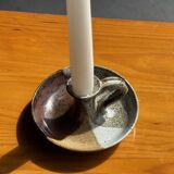 Small hand-held candle holder in two-tone brown and gray stoneware H6.5