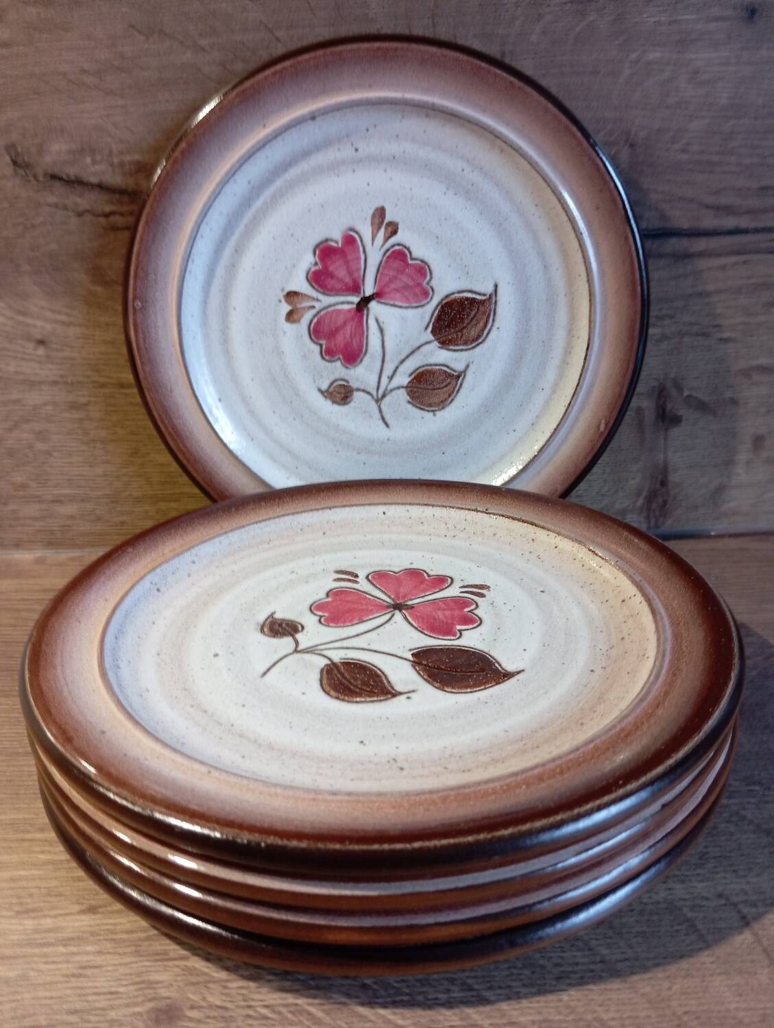 5 assiettes à dessert grès brun marron et rose, Niderviller modèle Sandra, vintage