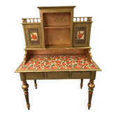 Bureau secrétaire norvégien ancien | Découpage de fruits dorés et verts restauré