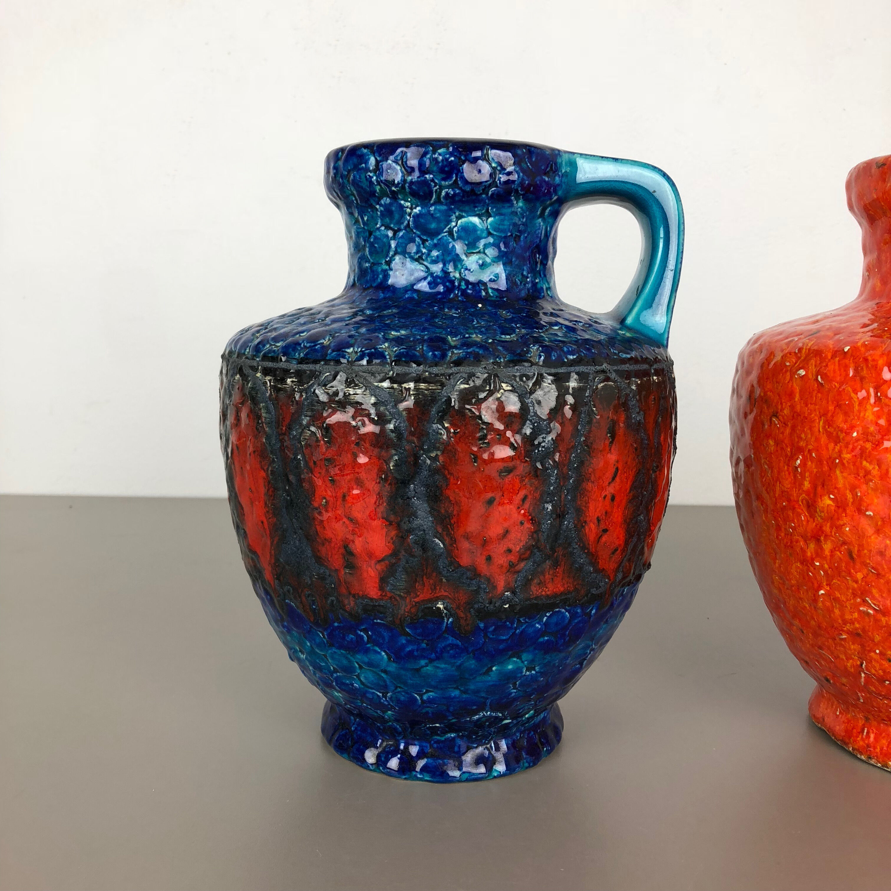 Set of 2 Multi-Color Fat Lava Op Art Pottery Vase Made Bay Ceramics, Germany