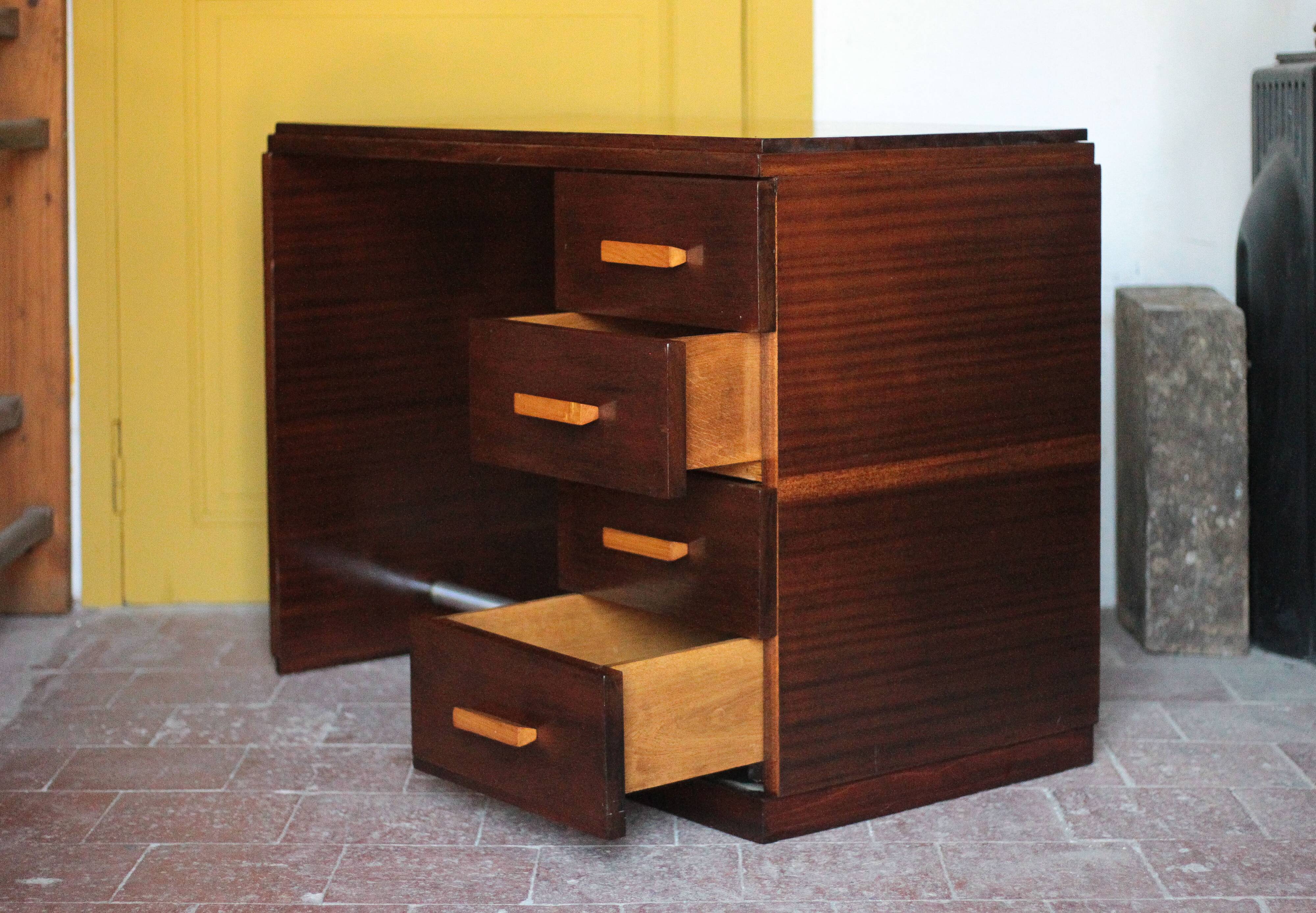 Vintage desk, wooden Art Deco desk from the 1930s, desk with drawers.