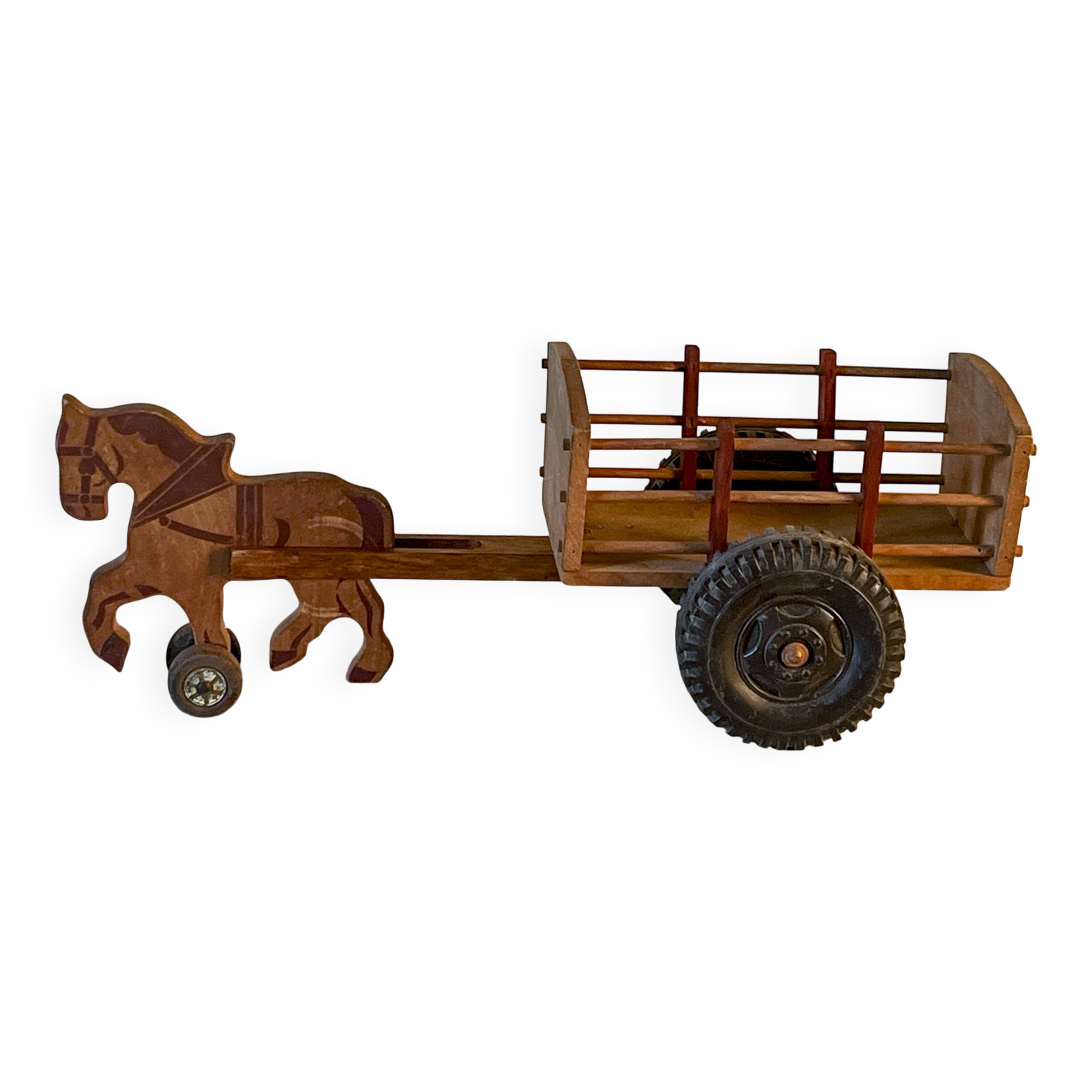 Antique wooden pull-along toy, horse and cart, 1960s