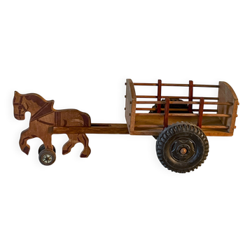 Ancien jouet en bois à tirer, attelage cheval et charrette, années 60