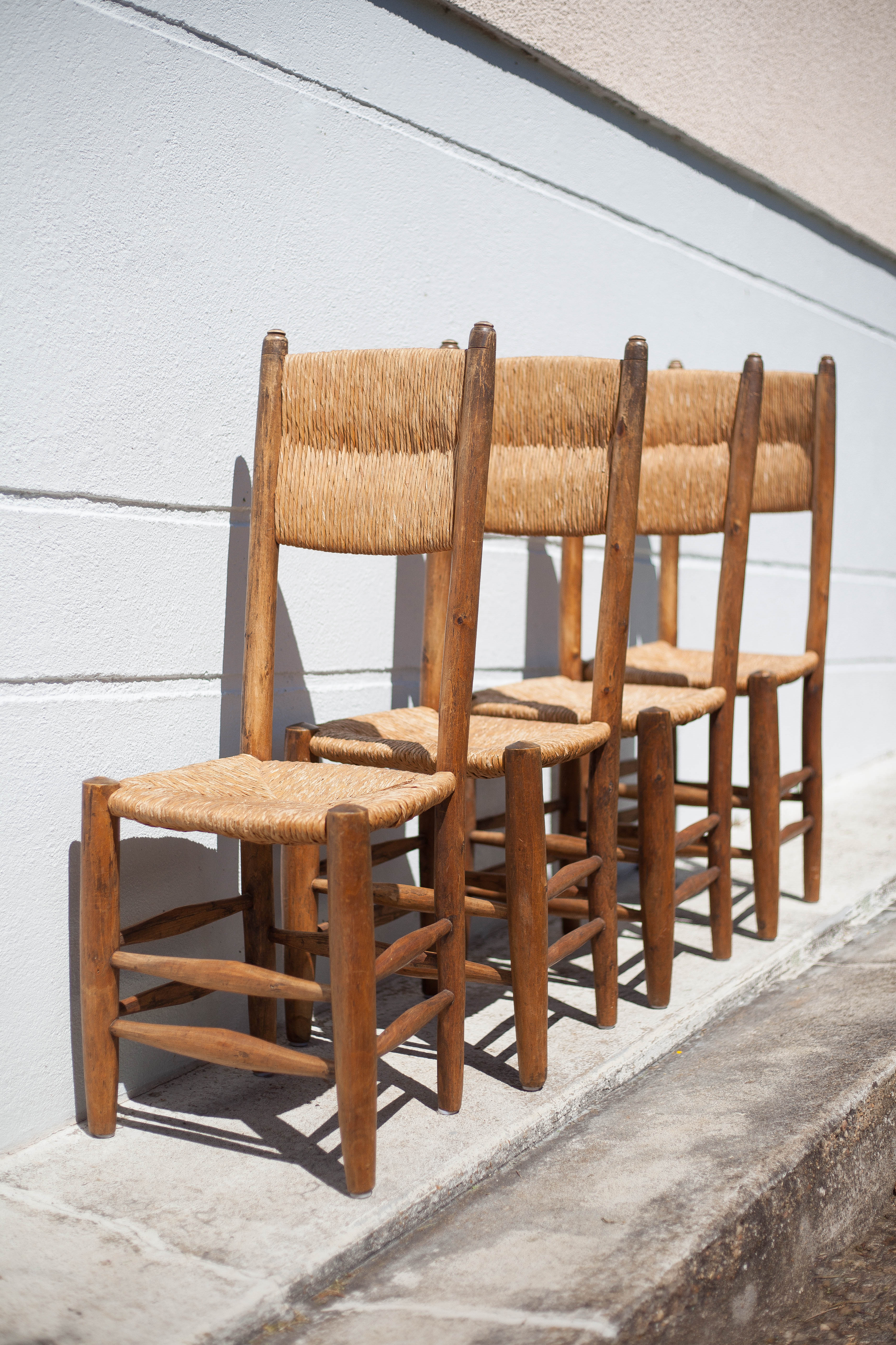 Wooden and straw chair x 4, chair with seat and straw back, chalet, countryside, decoration