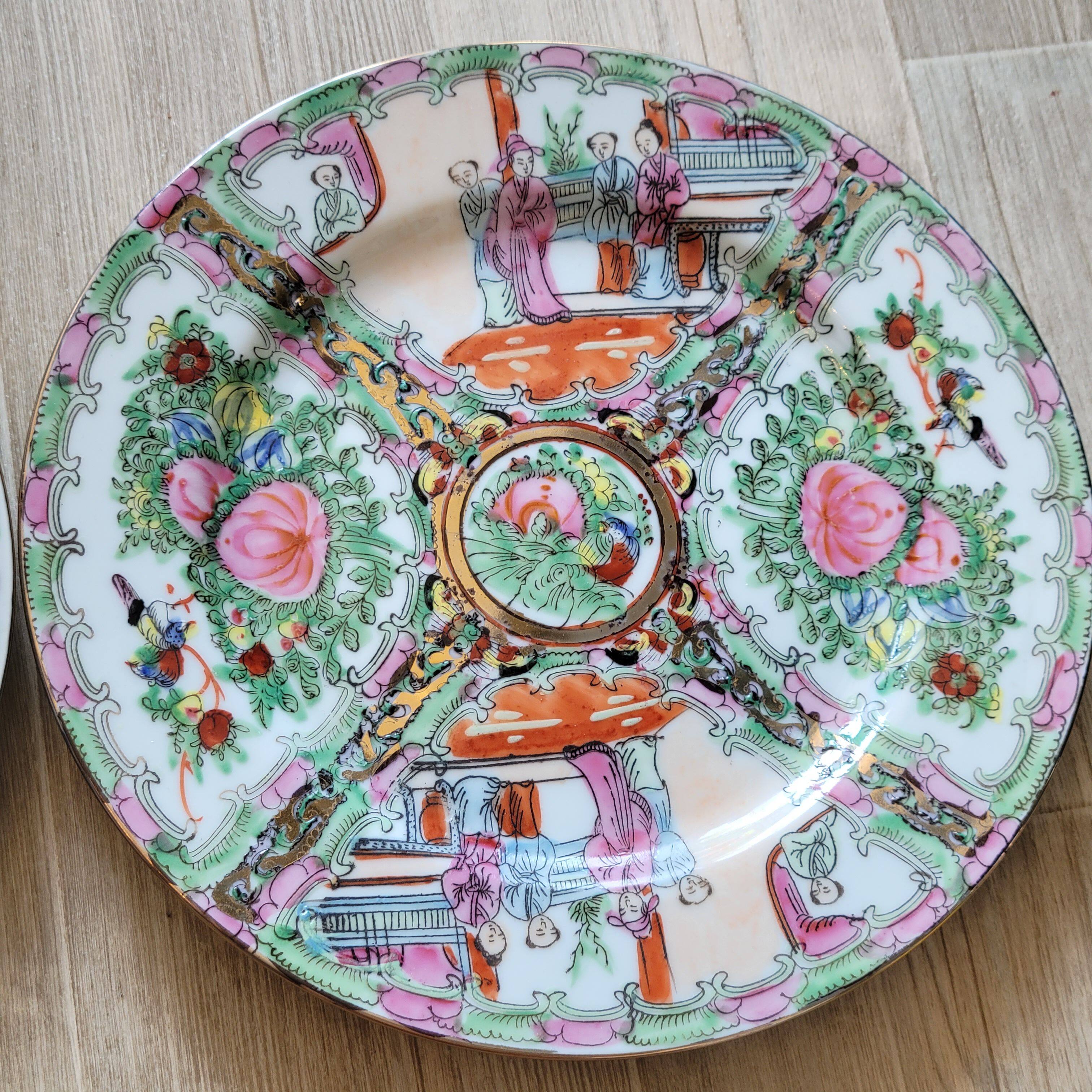 2 Chinese plates polychrome porcelain and gold Canton XXth