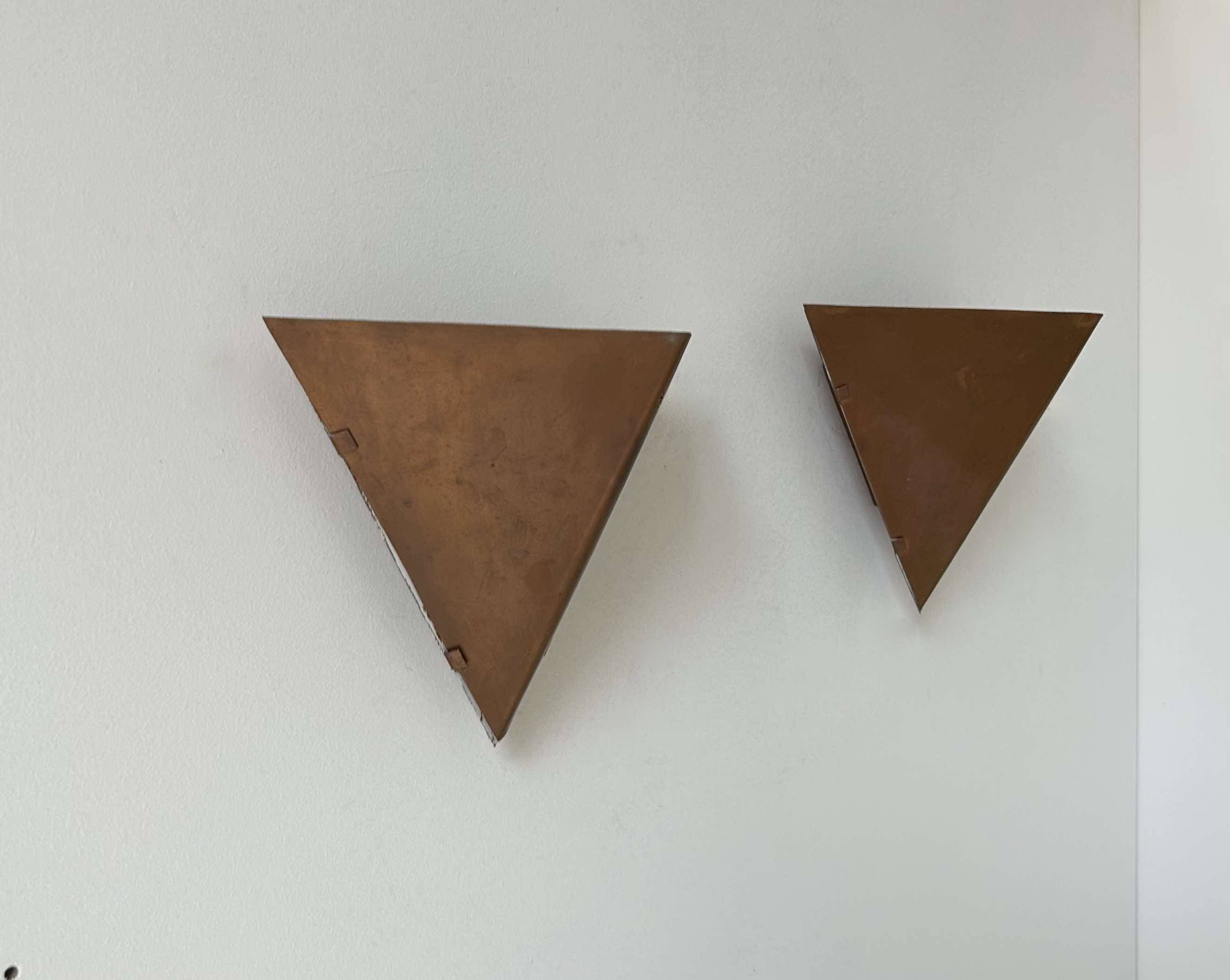 Pair of vintage geometric wall lights, patinated copper, France 1960