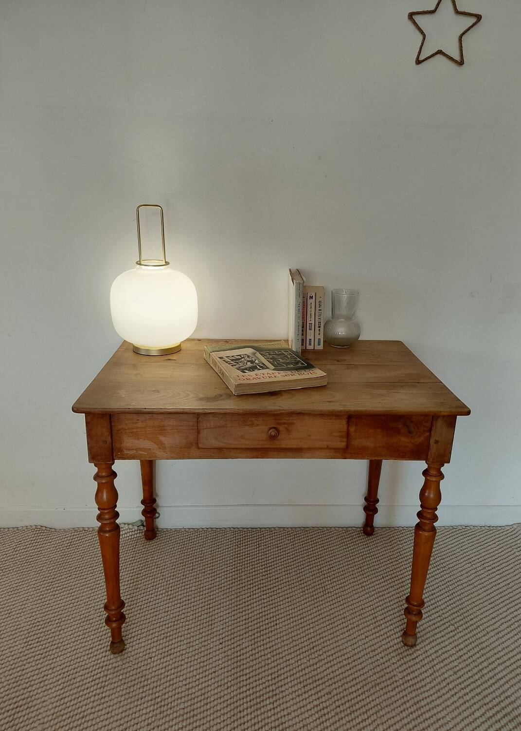 Old solid wood console - turned legs - drawer in chic country style