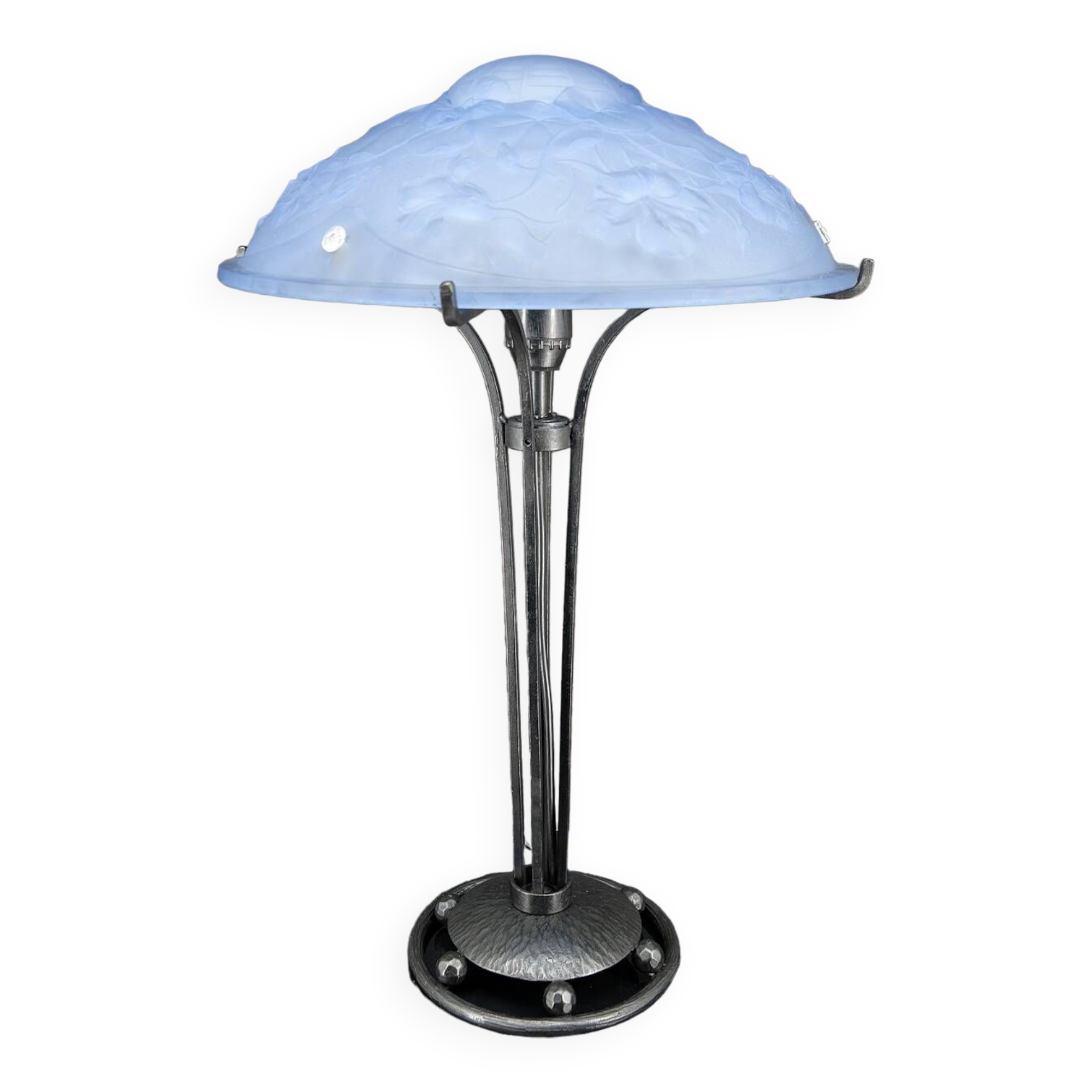 Wrought iron lamp and blue glass lampshade with clematis, France, Art Deco, circa 1920
