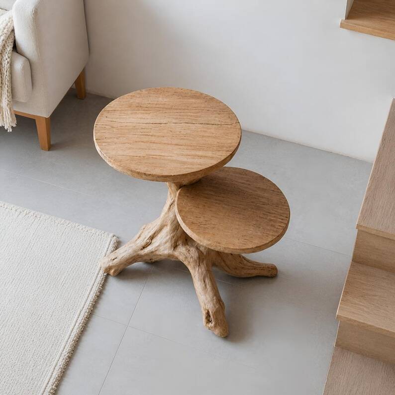 Rustic sculptural side table made of natural and organic driftwood.