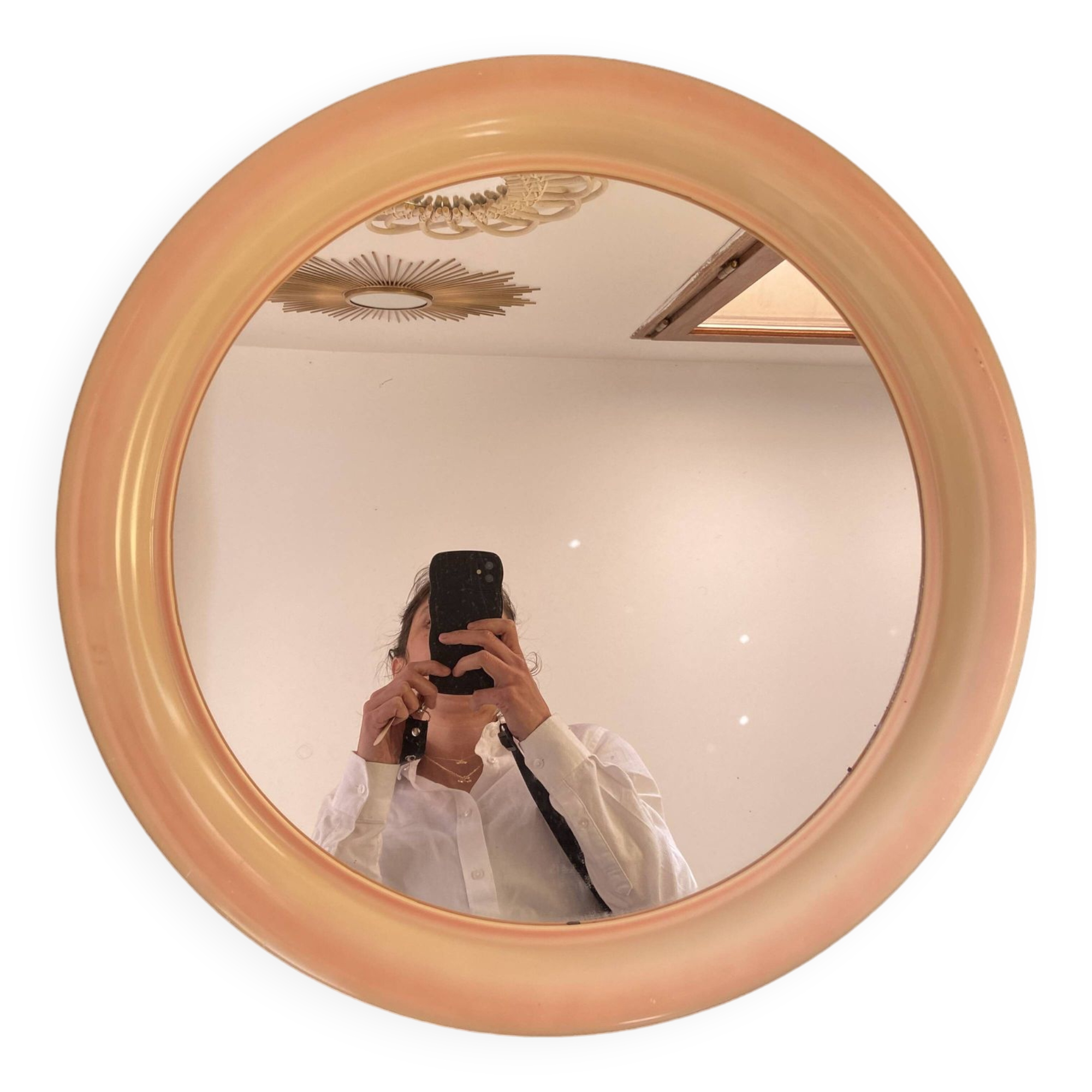 Round Beige and Coral Plastic Wall Mirror from the 70s-80s