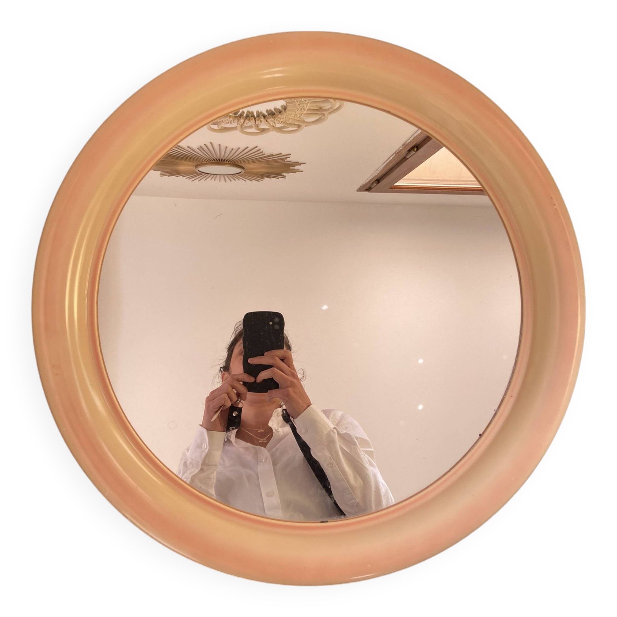 Round Beige and Coral Plastic Wall Mirror from the 70s-80s