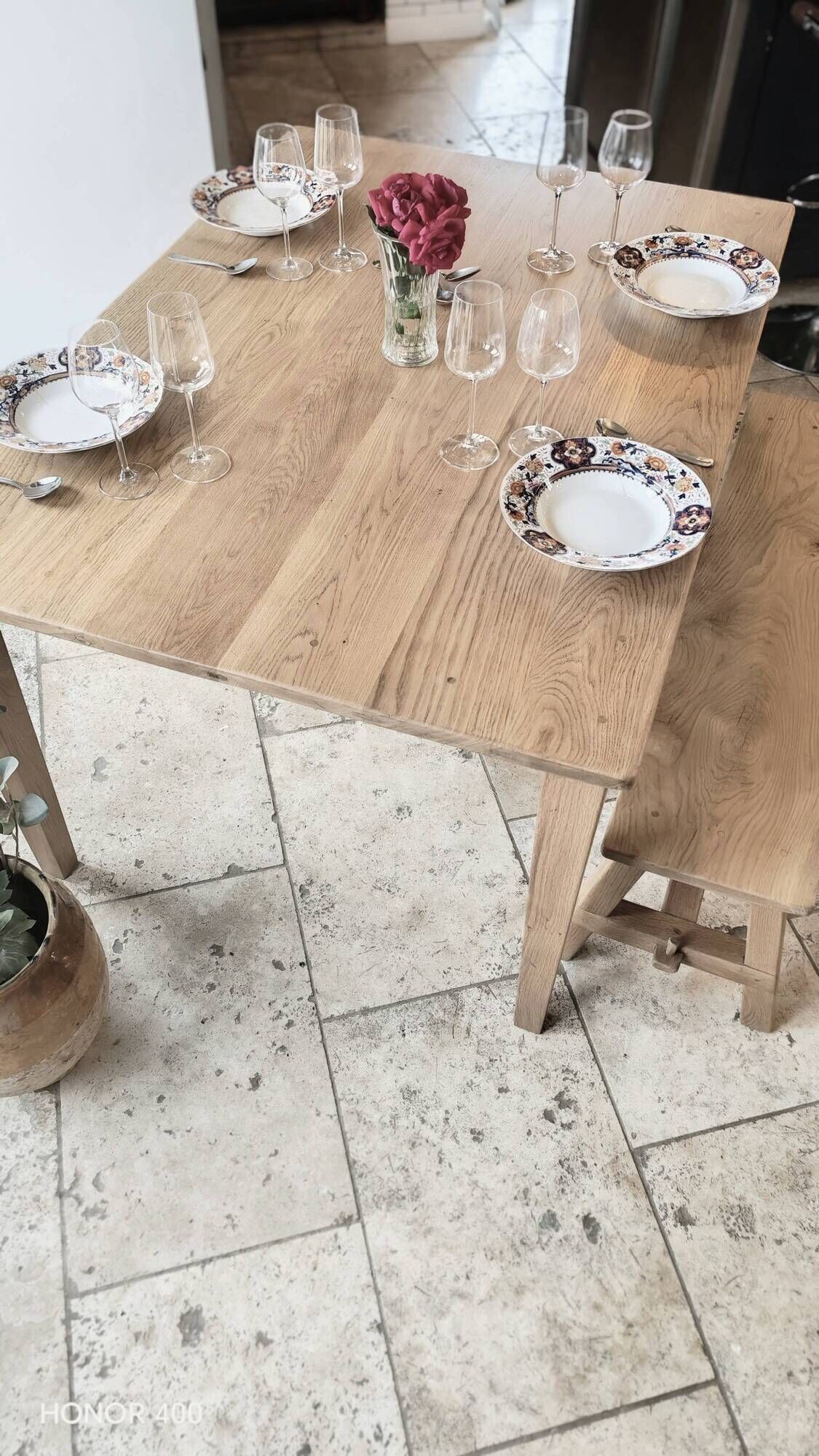 Farm table and bench ("A frame") in solid French oak.