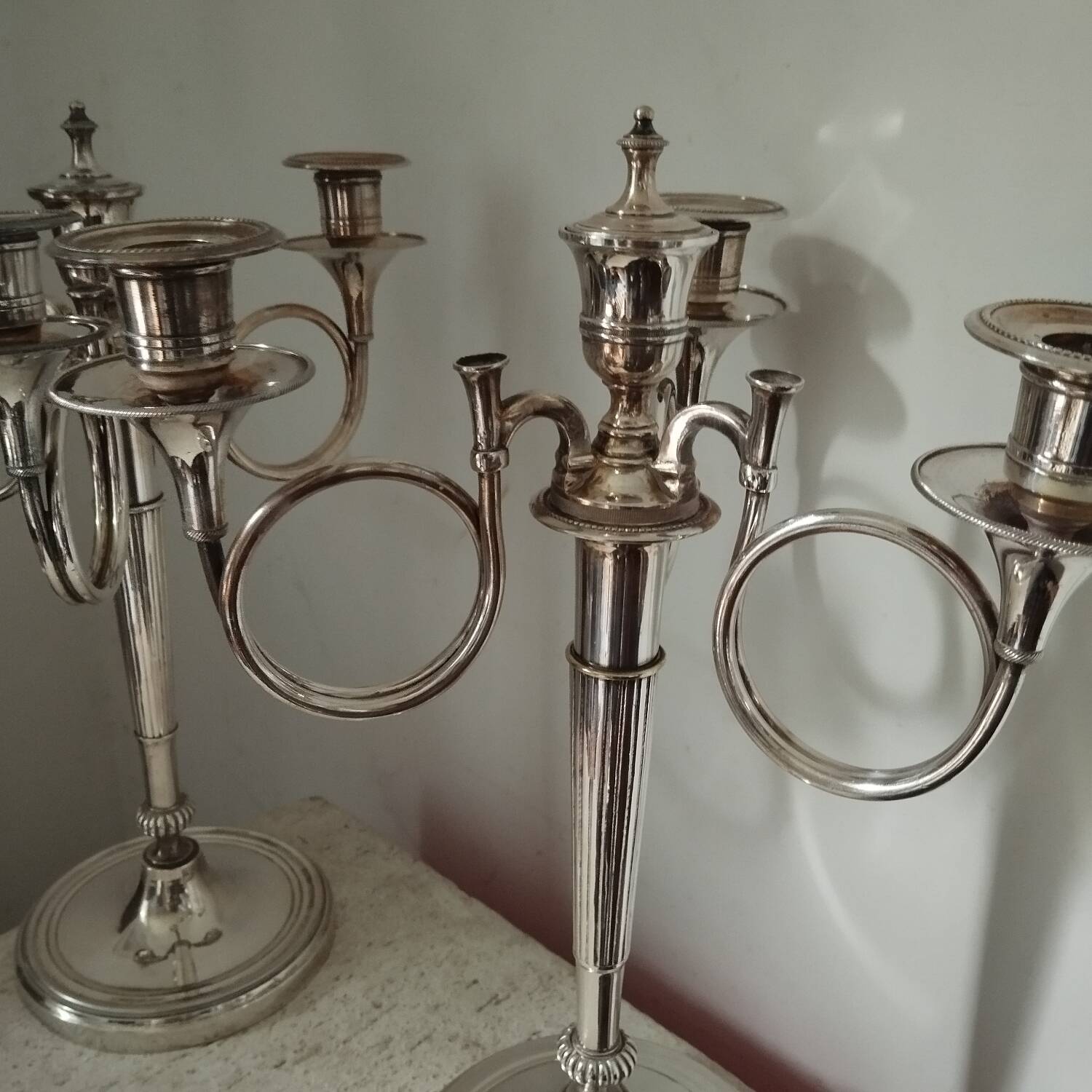 2 candelabra candlesticks hunting horn silver metal