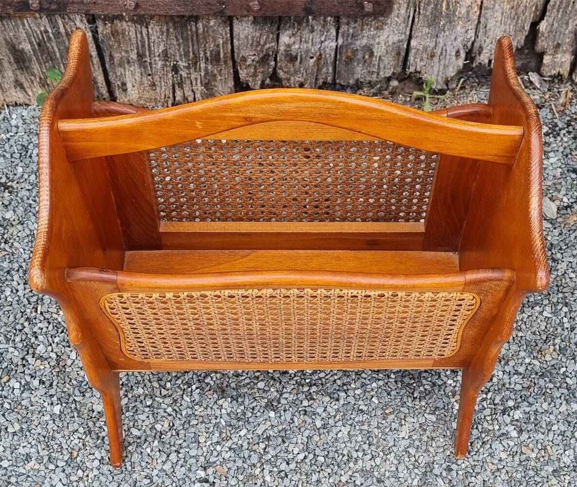 Magazine rack, wood and canework, vintage, 70s - 80s