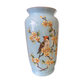 Vase en opaline bleu decor floral et oiseau peint et emaille