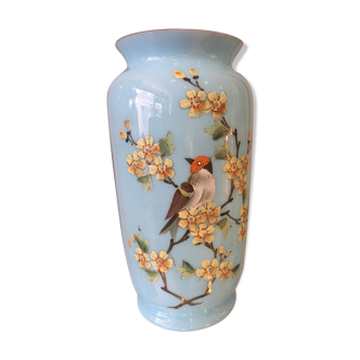 Vase in opaline blue floral decoration and bird painted and enamelled