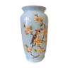 Vase in opaline blue floral decoration and bird painted and enamelled