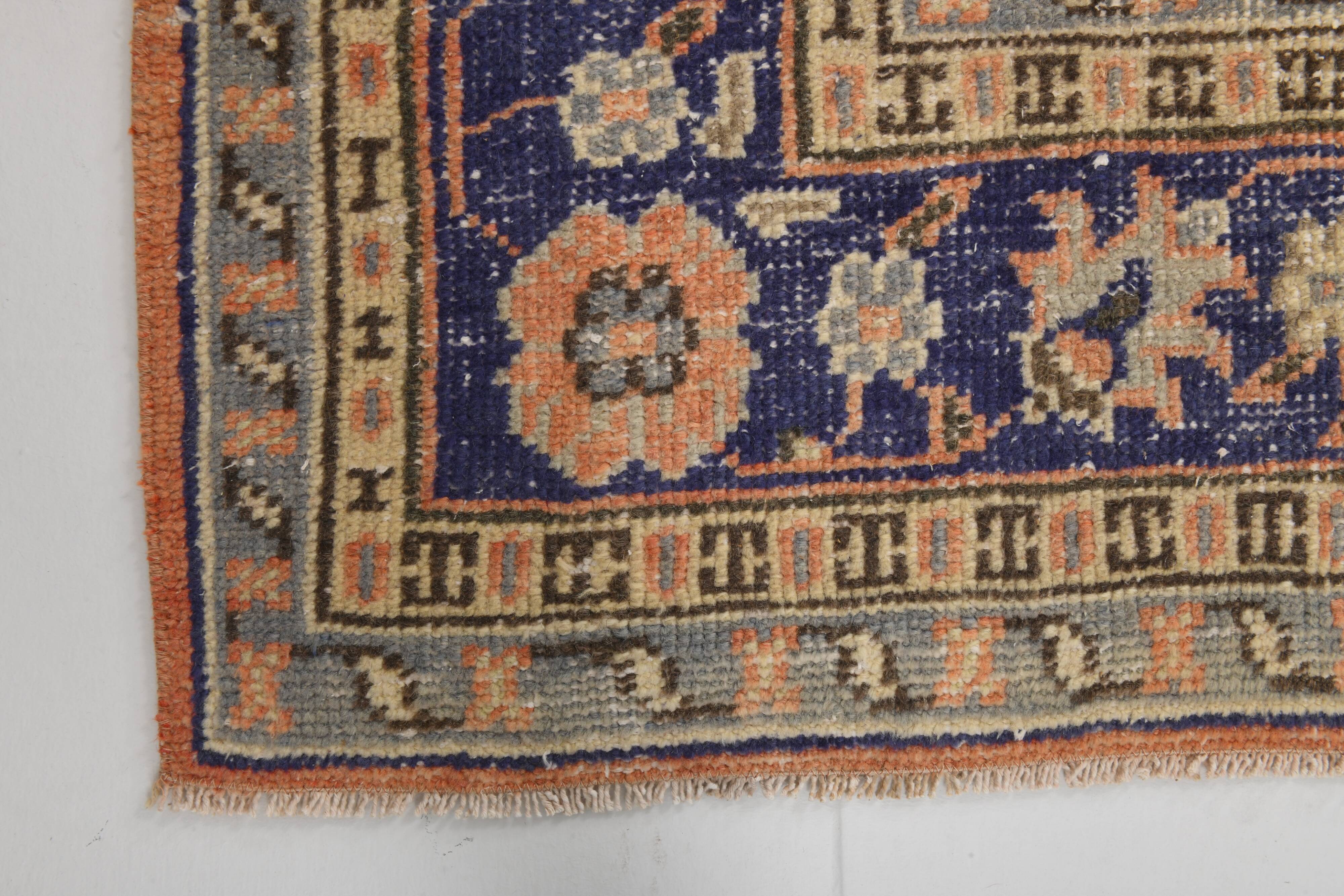 Orange & navy blue turkish vintage rug