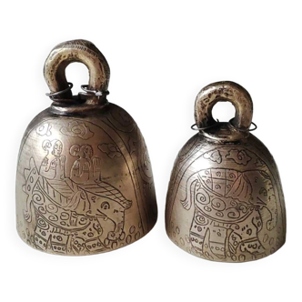 Old Pair of Tibetan Bells, in gilded bronze. Finely carved Tibetan women and elephants in parade