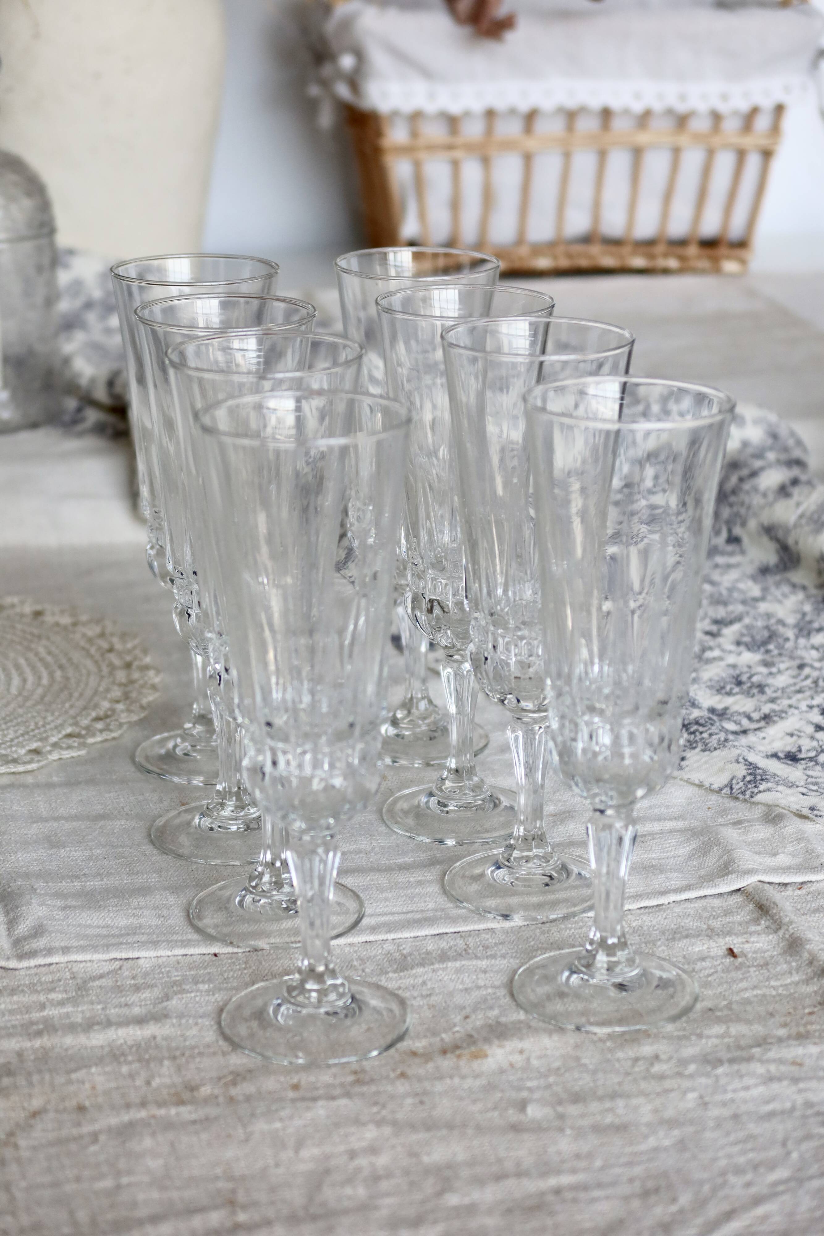 8 vintage pressed glass champagne glasses