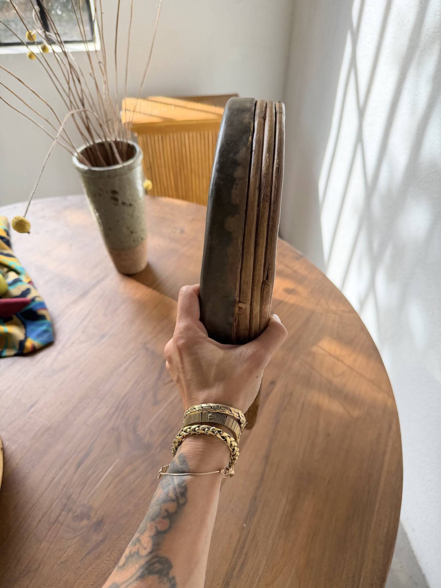 Round rattan and brass trays 1970 by Gabriella Crespi