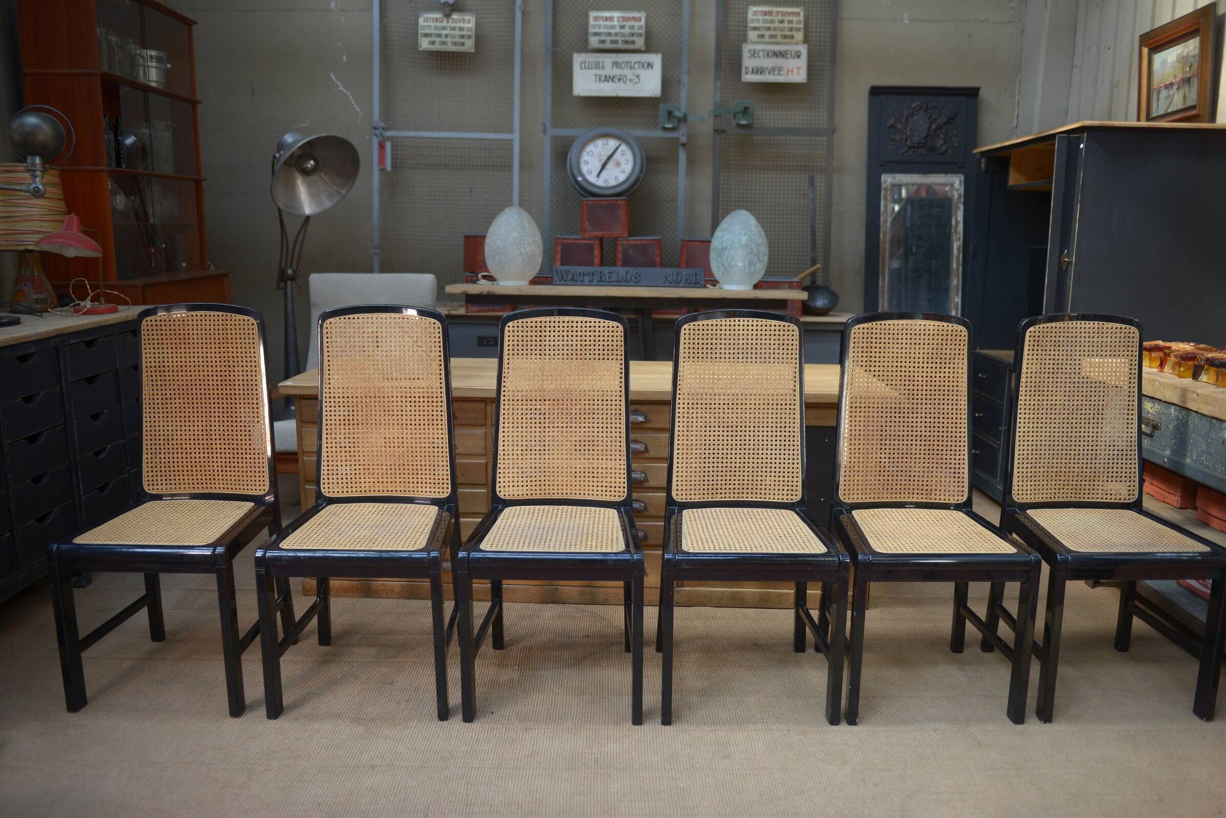 Set of 6 Vintage caned chairs in black lacquered wood, original 1970